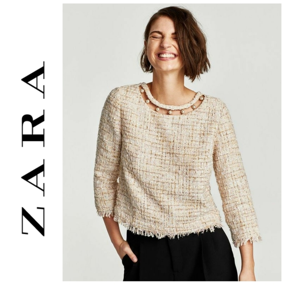 Zara Tops - 🎈SOLD 🎈Zara Tweed Top with Faux Pearl Details